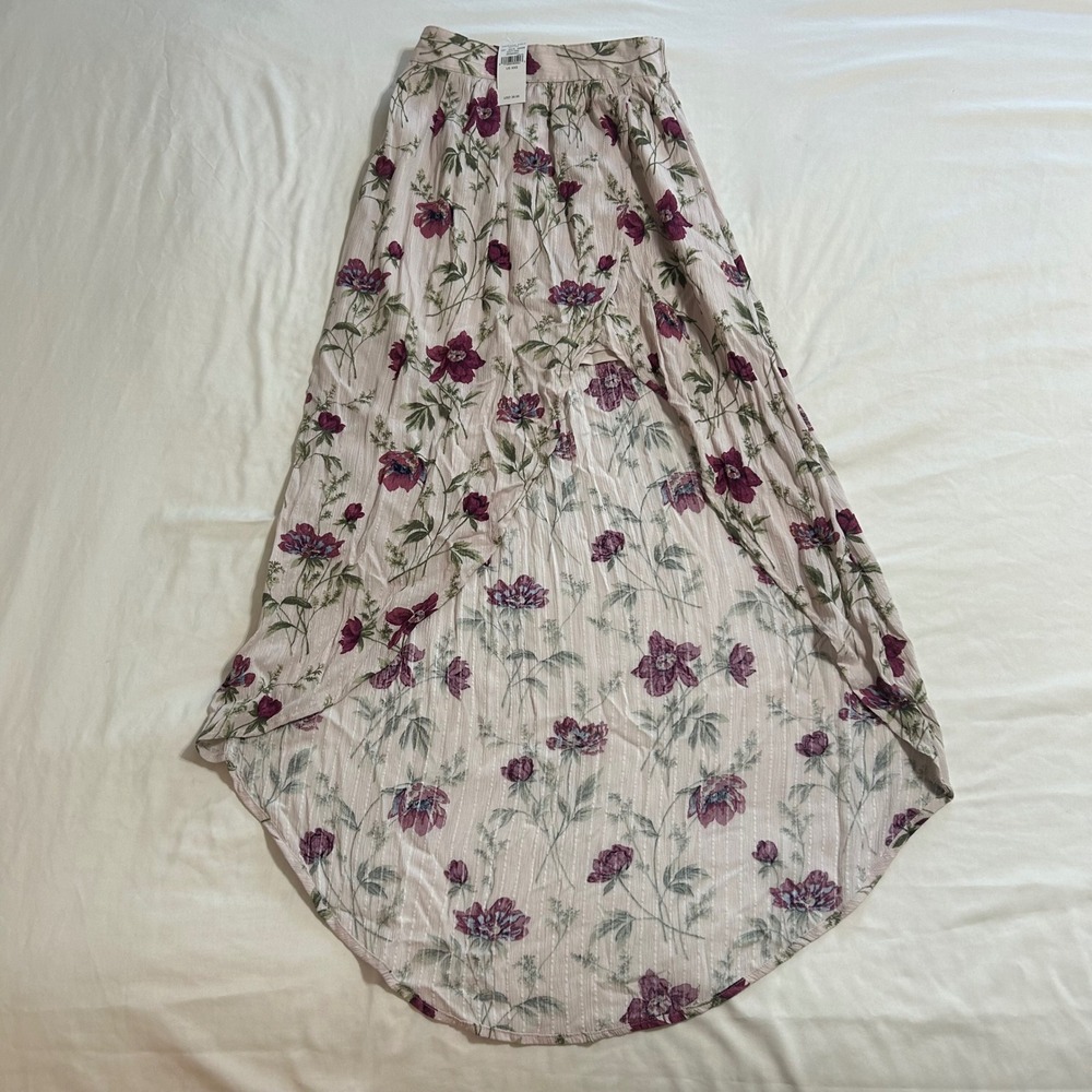 American Eagle Floral High Low Maxi Skirt Pink Burgundy XXS New 0319-46586